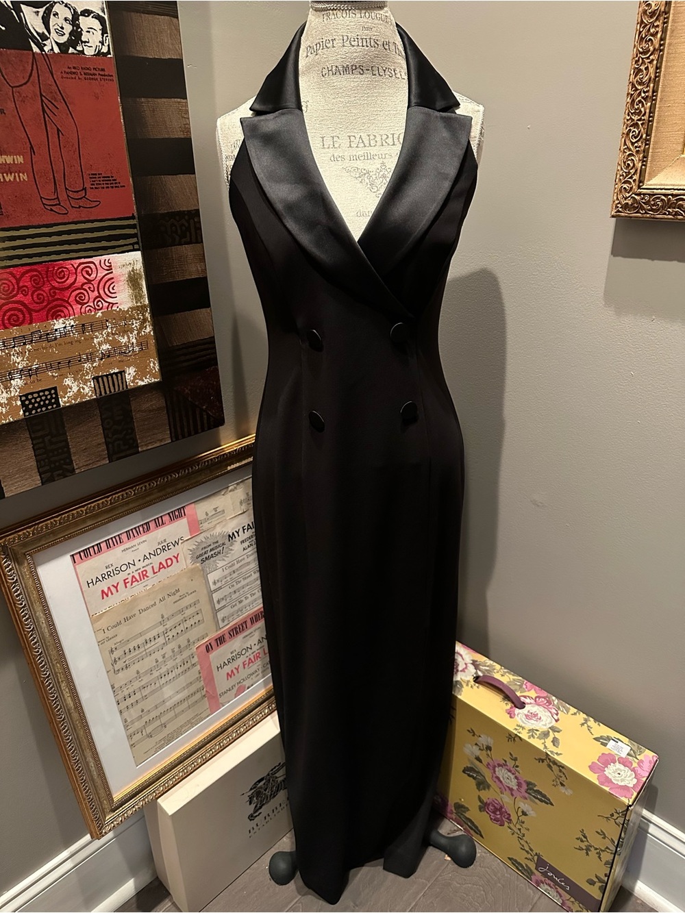 EUC Adrianna Papell Black Satin-Trim Double-Breasted Tuxedo Dress